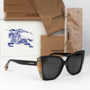 Burberry Women Sunglasses Black Vintage Check Grey Cat Eye BE4393 405587 NEW
